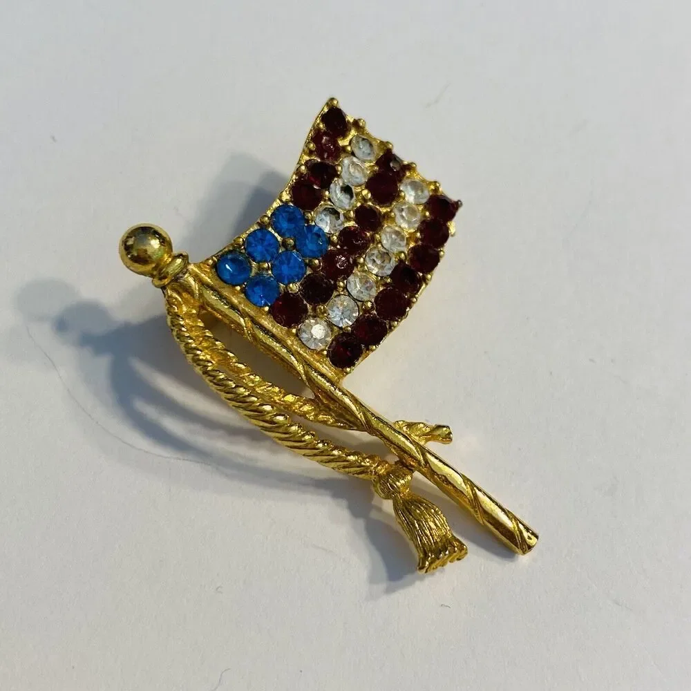 Vintage American Flag Brooch Rhinestones Pin Goldtone Red White & Blue Patriotic